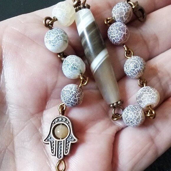 Hamsa Hand Blessing Bracelet! Lovely Shades of Brown! Mixed Agate Beads + Copper - Picture 3 of 10